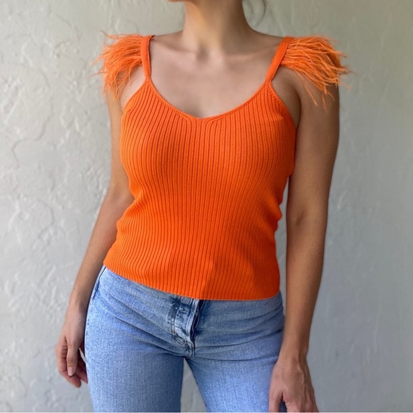 Balboa Sleeveless Knit Ribbed Orange Top with Feather Details at Shoulder - SM - Picture 3 of 6